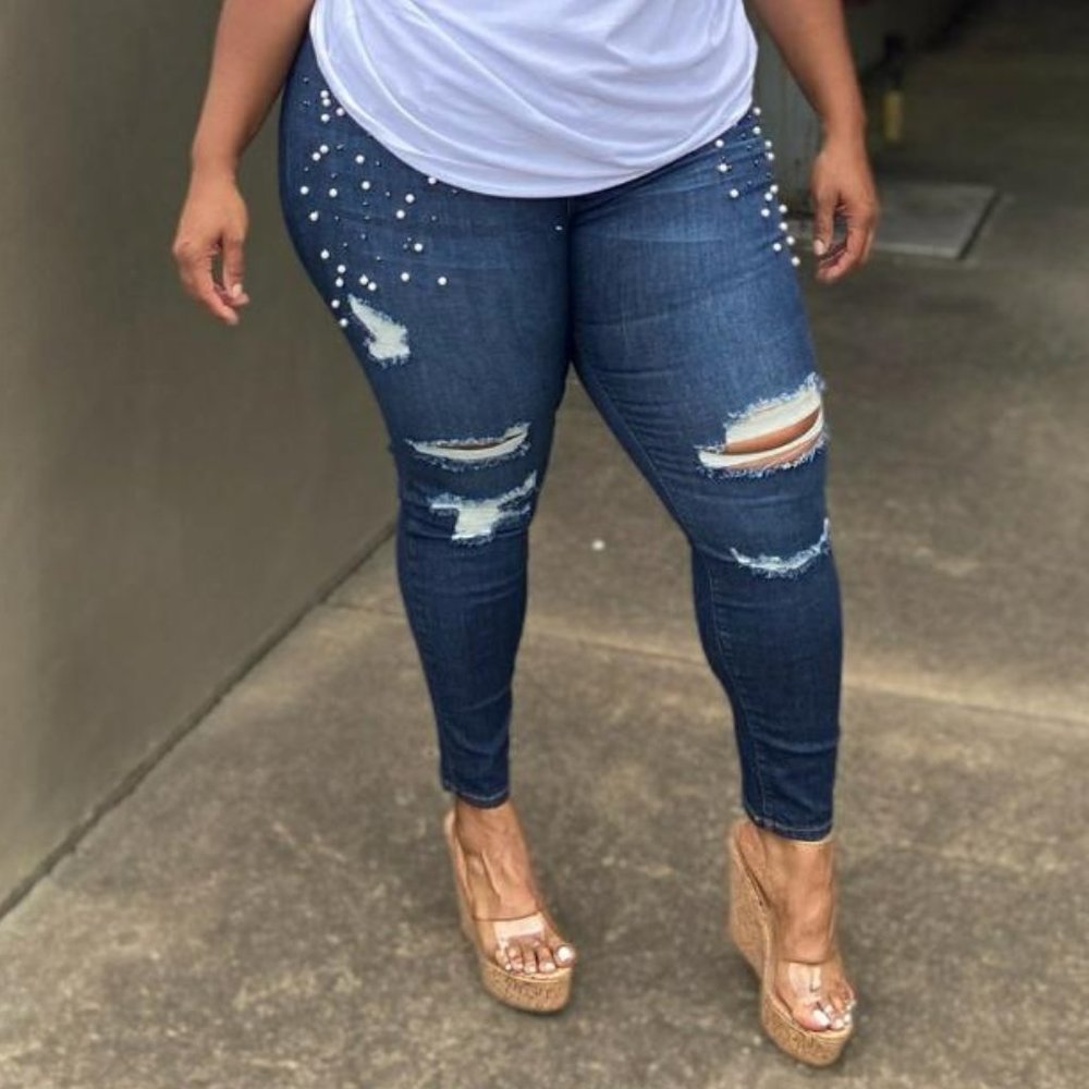 High Rise Distressed Jeans with Pearl Detail